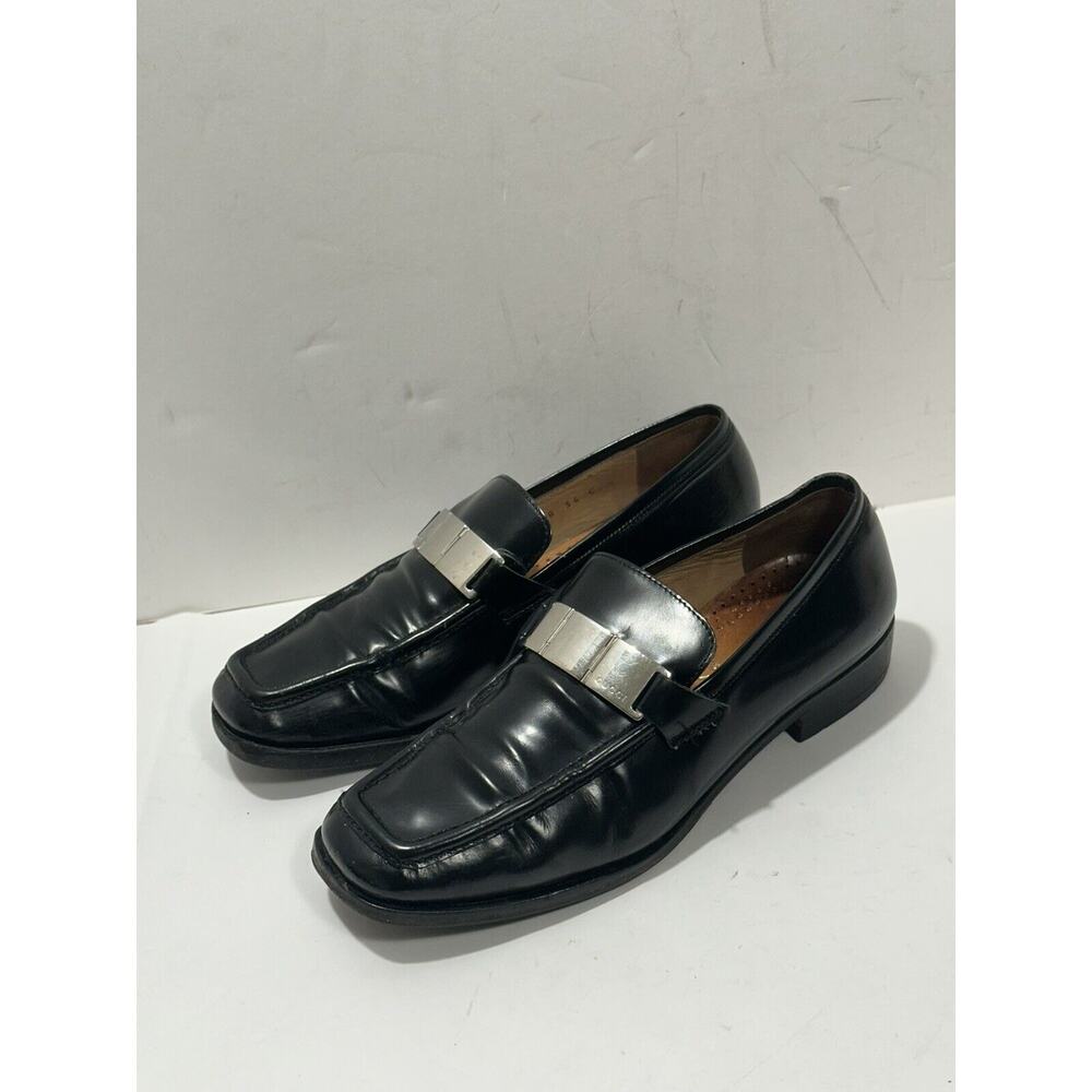 Gucci Leather Black Loafers Shiny Silver Plaque Logo Women 100 0398 36 C Sz 6 - Picture 9 of 12
